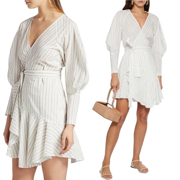 NWT ALC Striped Cotton Silk Blend Puff Long Sleeve Ruffle Hem Wrap Waist Dress 6 - Picture 4 of 12